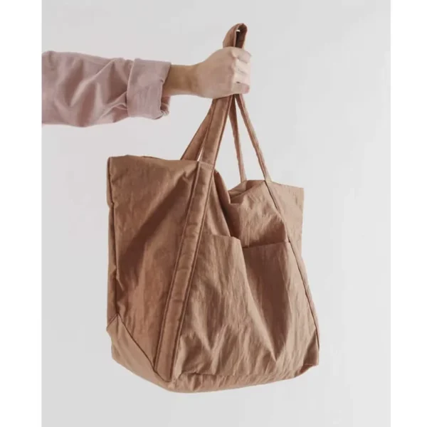 Factory Price Brown Nylon Tote Bag Shoulder Handbag Foldable Shopping - Image 2