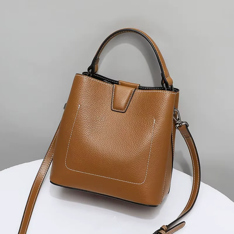 Popular New Trendy Leather Fashion Bucket Bag Simple Shoulder Messenger Bag Handbag - Image 3